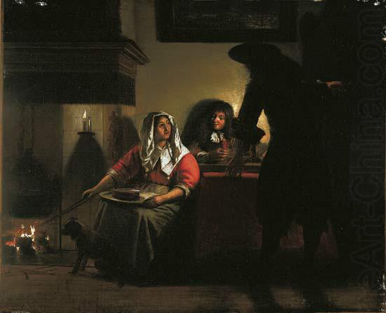 Interior with Two Gentleman and a Woman Beside a Fire, Pieter de Hooch